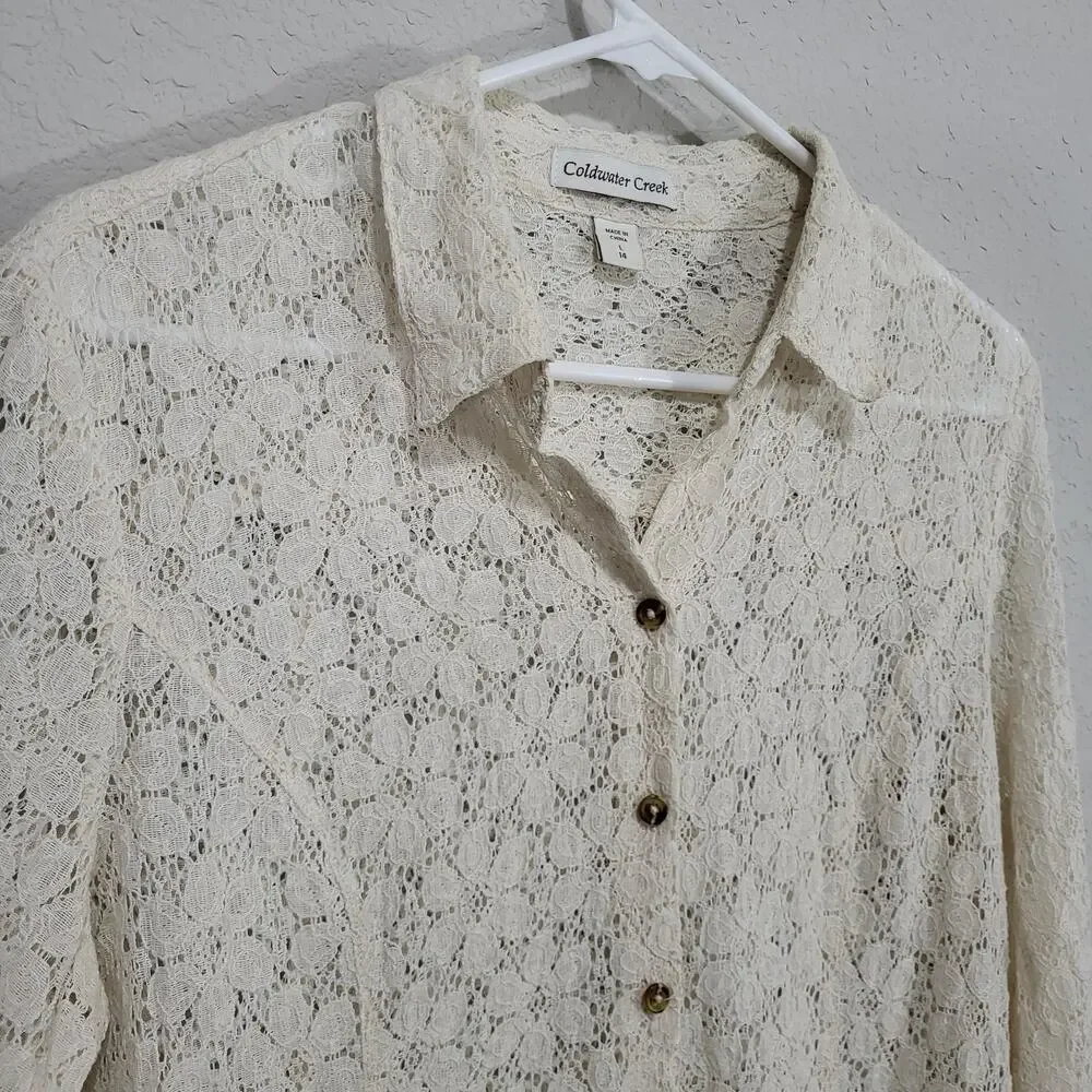 Coldwater Creek Lace Shirt Womens Large Cream Lace Summer Boho Coastal Cottage - Picture 9 of 12